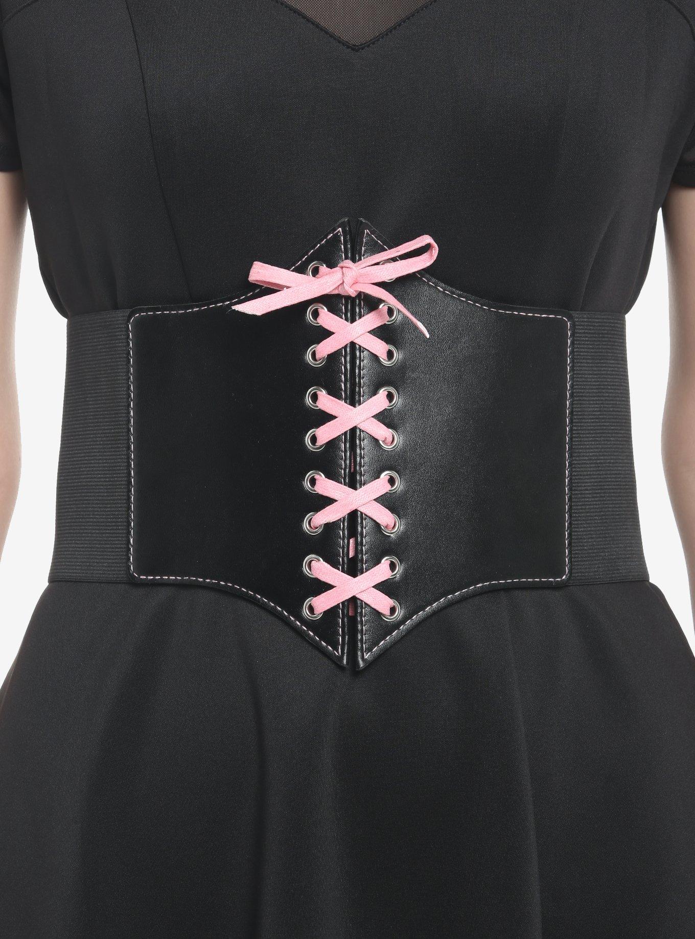 Black & Pink Lace-Up Bow Corset, BLACK, hi-res