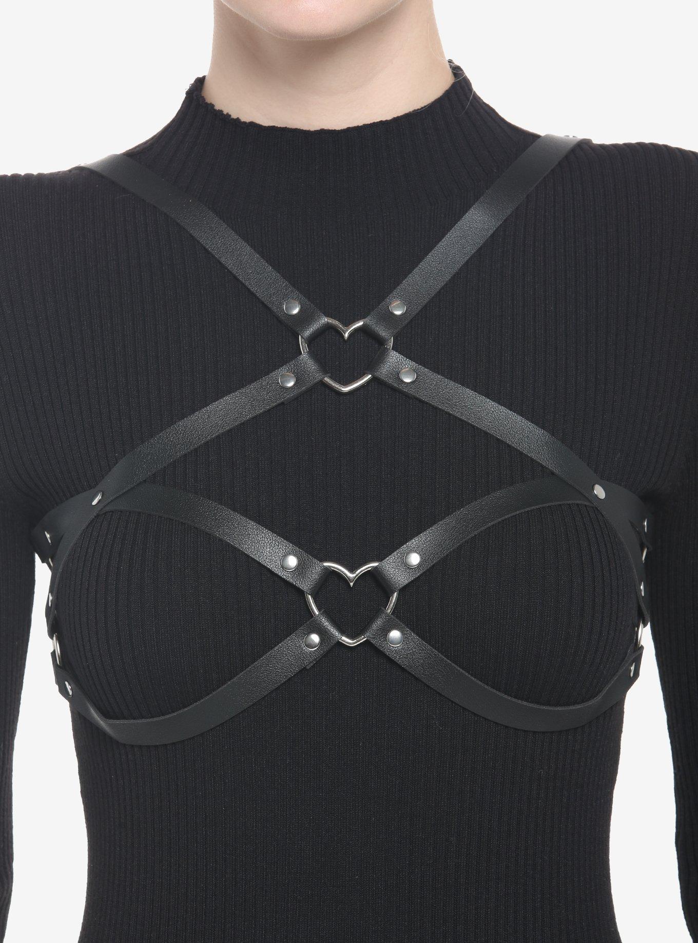 Black Faux Leather Heart Bra Harness, BLACK, hi-res