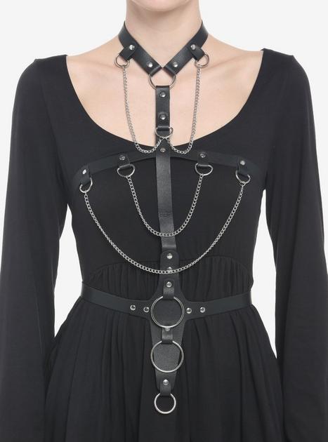 Black Faux Leather Choker Chain Harness | Hot Topic
