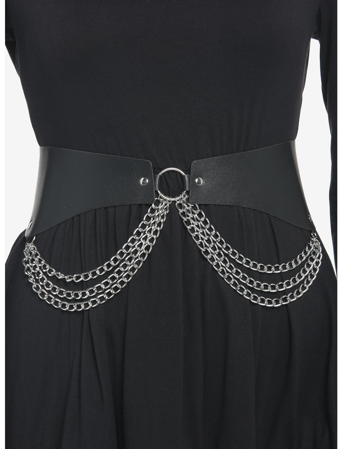 Black Faux Leather & Draped Chains Waist Belt, BLACK, hi-res