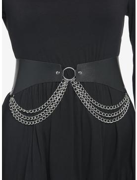 Black Faux Leather & Draped Chains Waist Belt, , hi-res