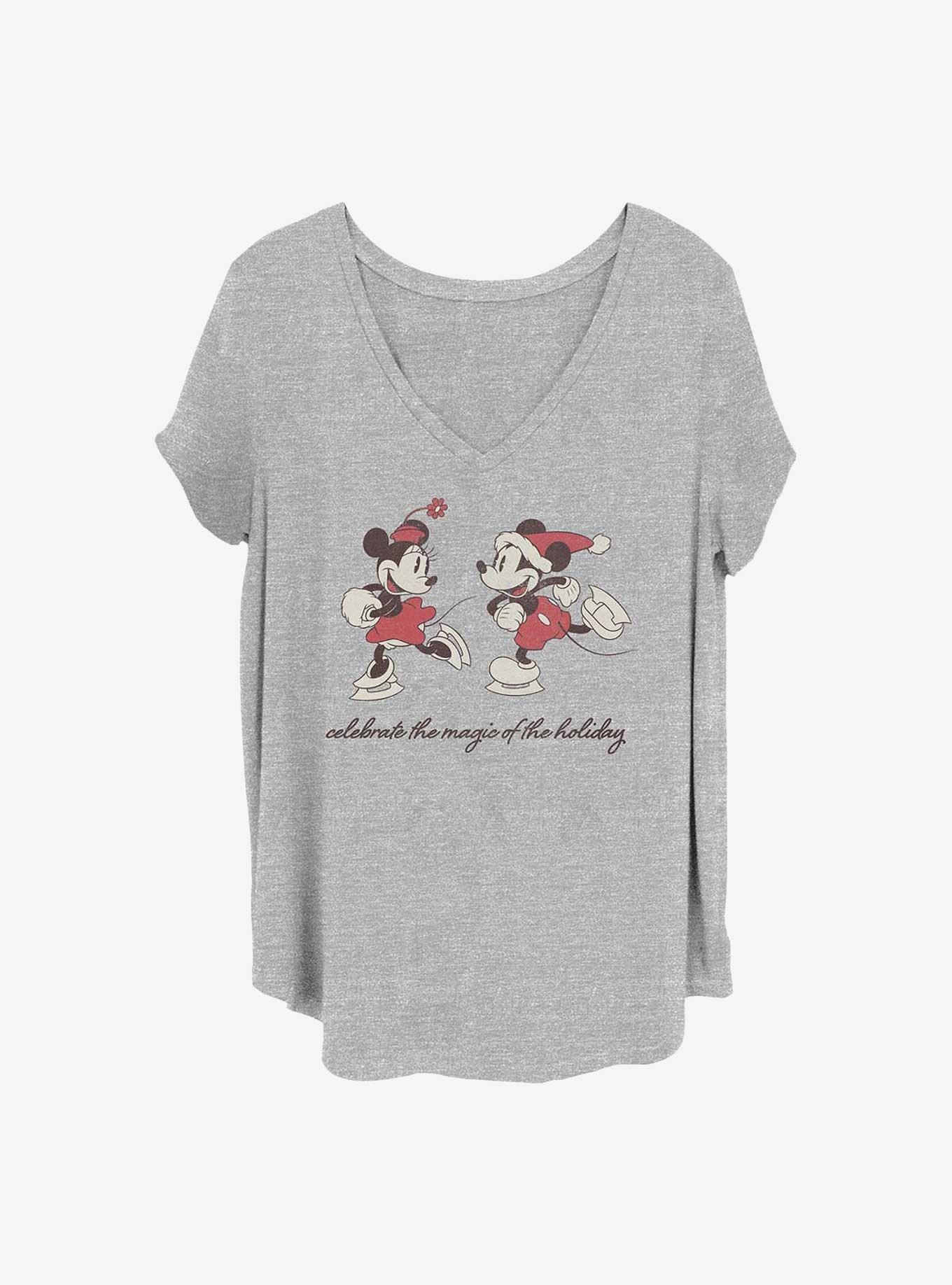 Disney Mickey Mouse & Minnie Mouse Vintage Holiday Skaters Girls T-Shirt Plus Size, HEATHER GR, hi-res