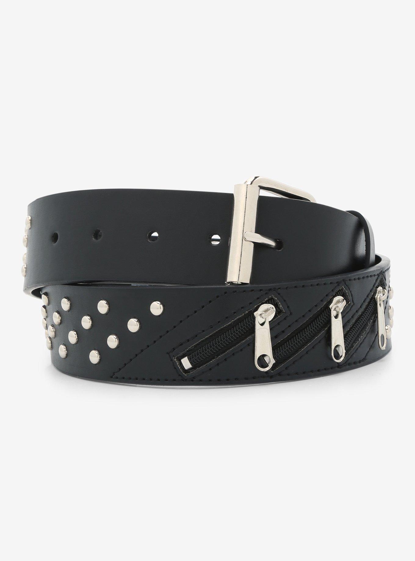 Black Zipper Stud Belt, BLACK, hi-res