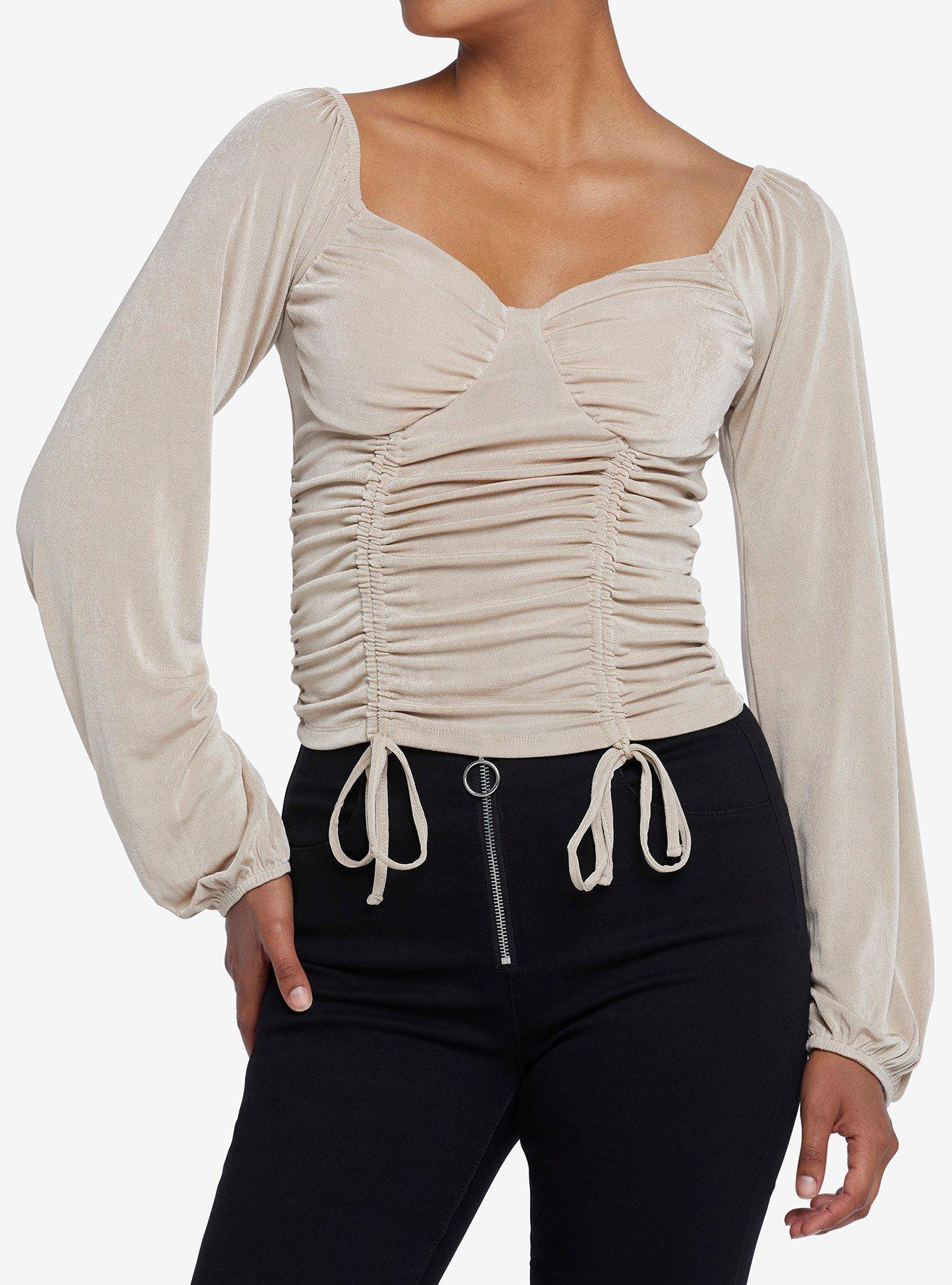 Almond Ruched Girls Peasant Top, IVORY, hi-res