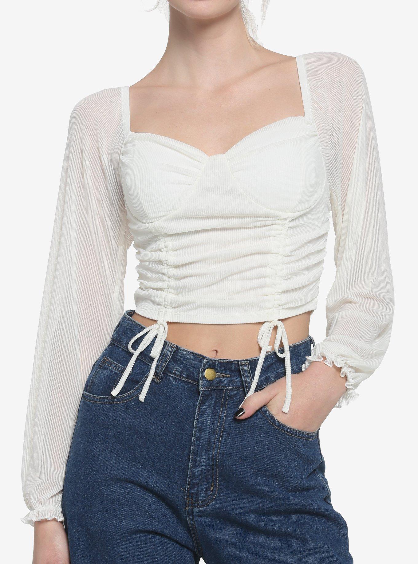 Ivory Sheer Girls Crop Peasant Top, IVORY, hi-res