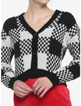 Black & White Checkered Plaid Girls Crop Cardigan, , hi-res