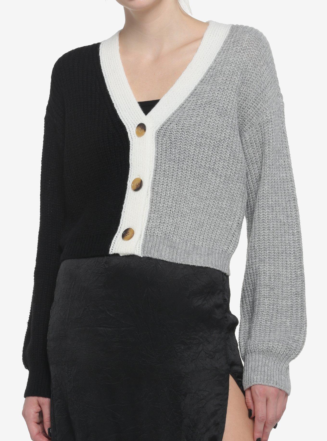 Grey Black Split Girls Crop Cardigan, BLACK  GREY, hi-res