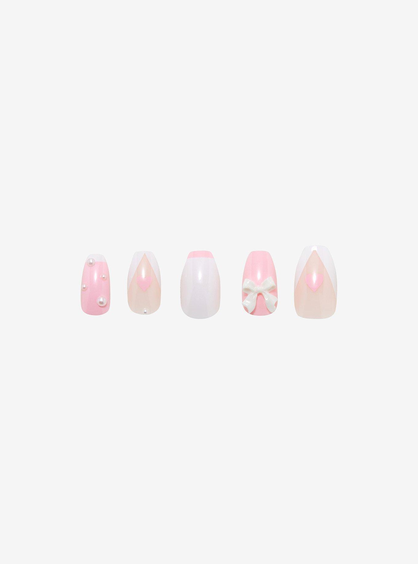 Pink Heart Bow Faux Nail Set, , hi-res