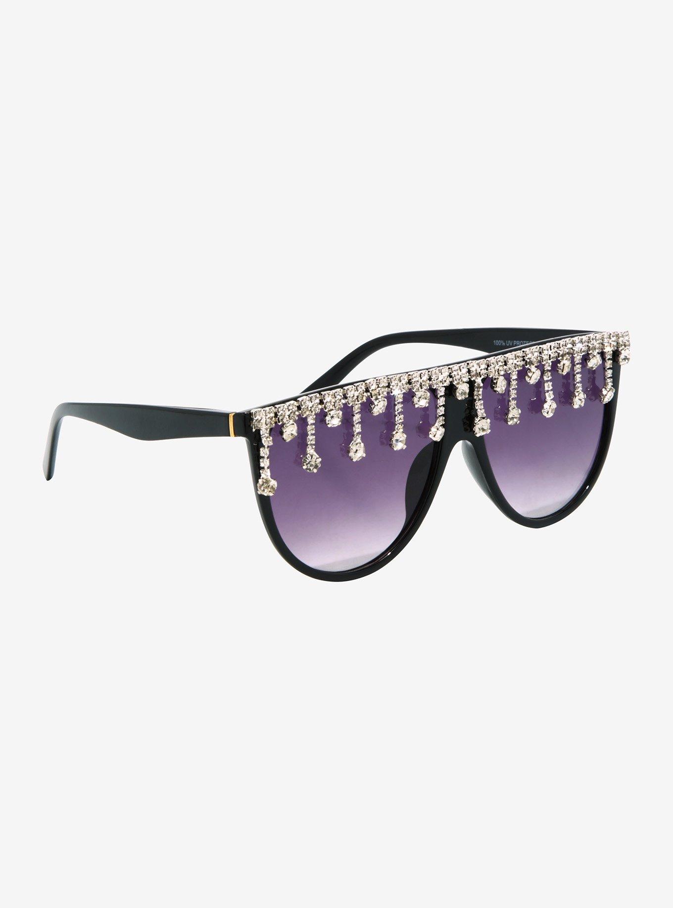 Black Dangling Rhinestone Sunglasses, , hi-res