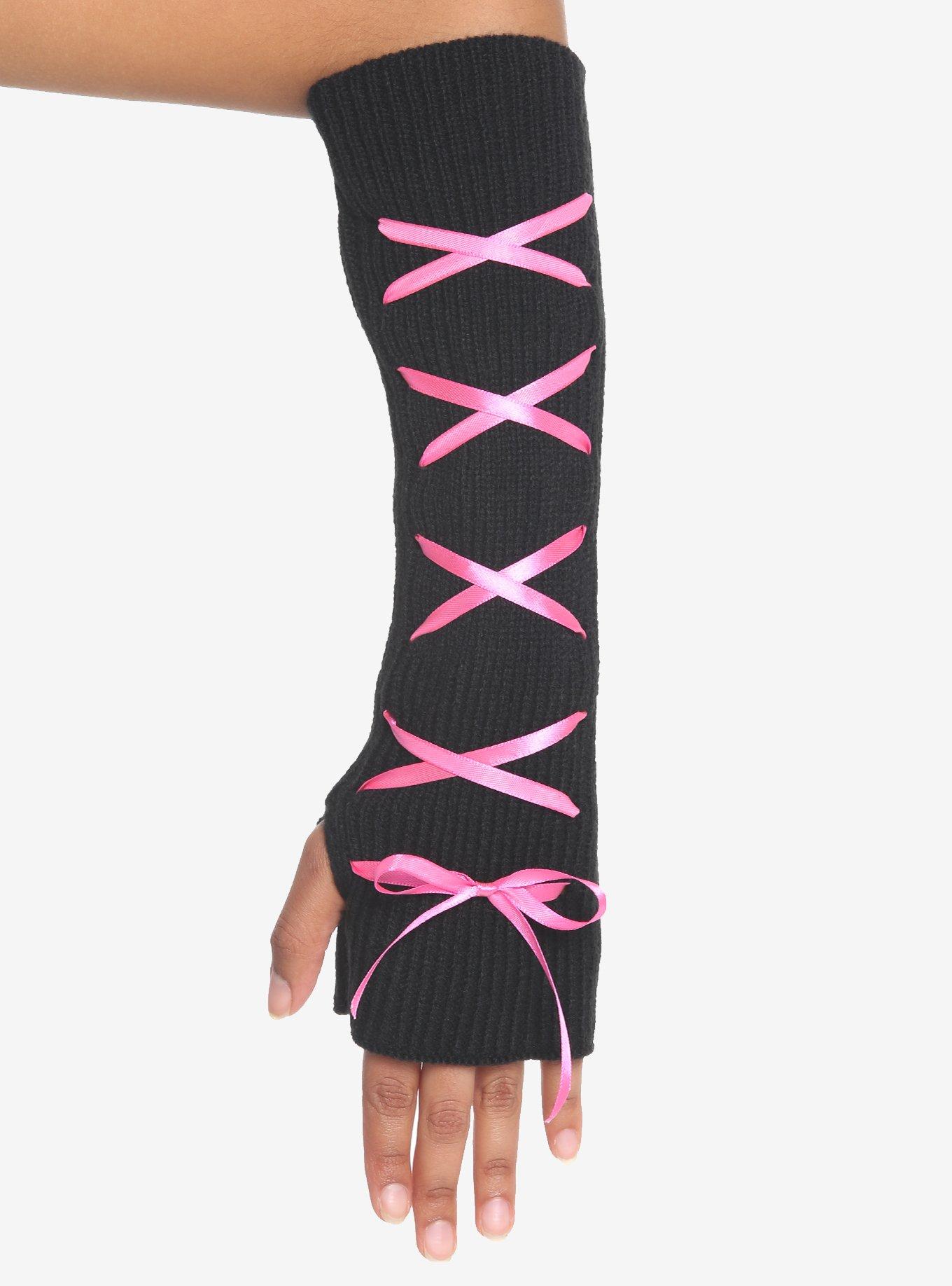 Pink Lace-Up Knit Arm Warmers, , hi-res