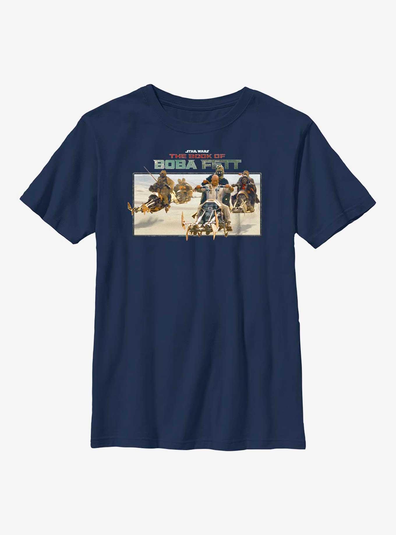 Star Wars The Book Of Boba Fett Speeder Bike Pursuit Youth T-Shirt, NAVY, hi-res