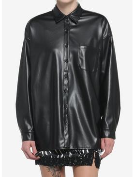 Black Faux Leather Longline Girls Collar Shirt, , hi-res