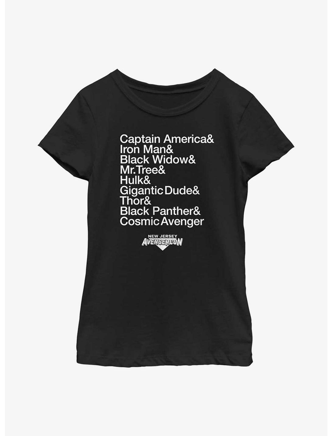 Marvel Ms. Marvel Name List Avengercon Youth Girls T-Shirt, BLACK, hi-res