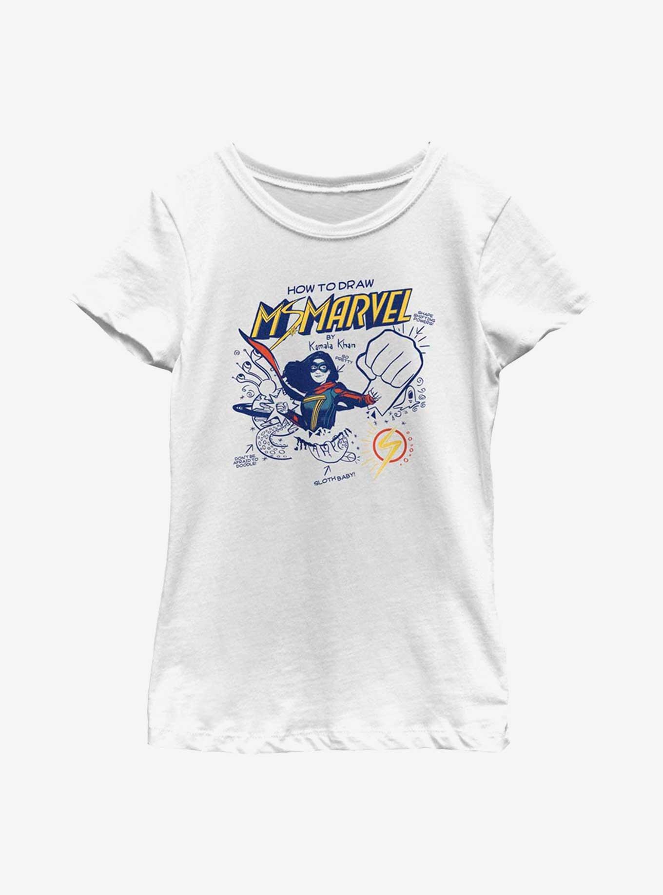 Marvel Ms. Marvel How To Draw Ms. Marvel Youth Girls T-Shirt, WHITE, hi-res