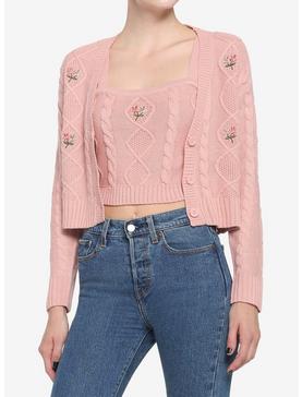 Pink Flower Girls Crop Knit Cardigan & Cami Set, , hi-res