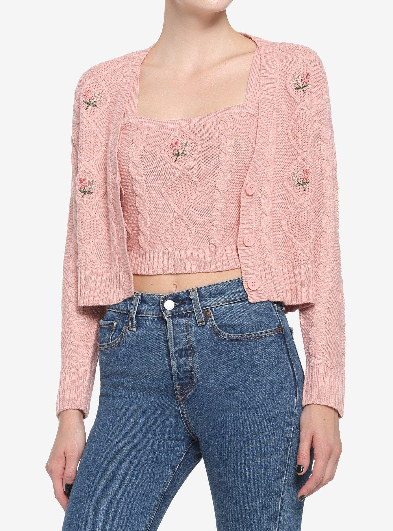 Pink Flower Girls Crop Knit Cardigan & Cami Set, ROSE, hi-res