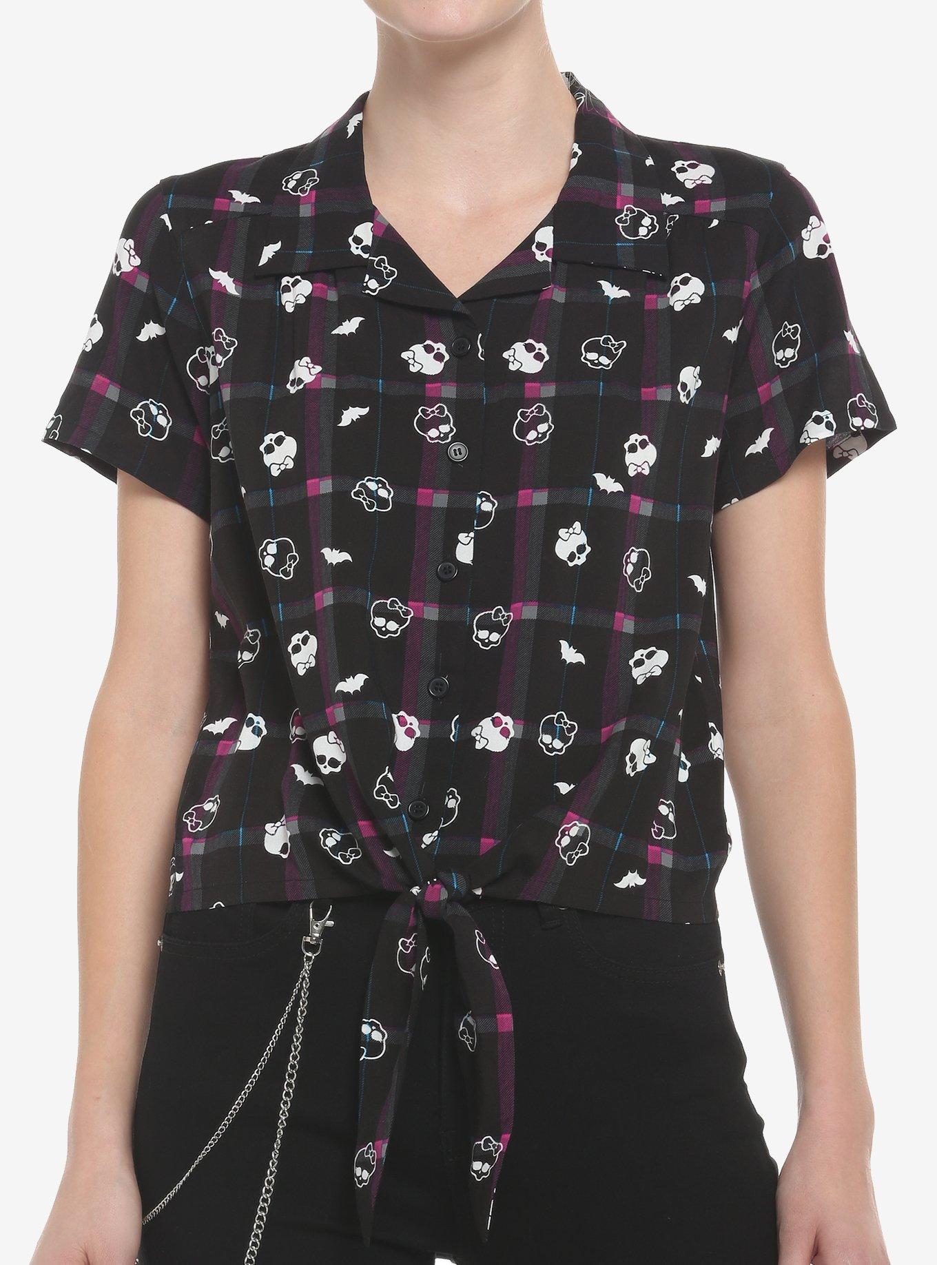 Monster High Plaid Girls Tie-Front Woven Button-Up, MULTI, hi-res