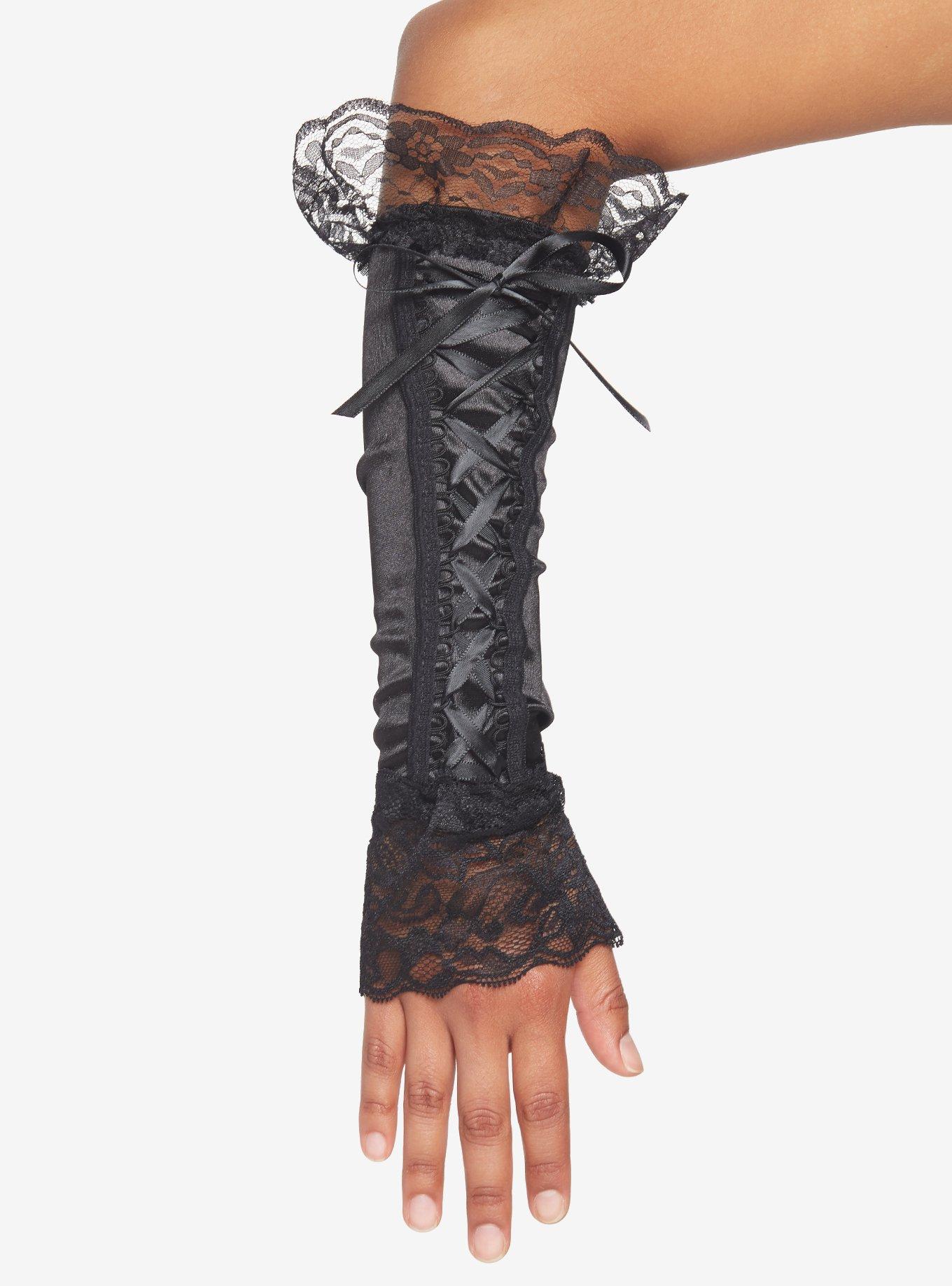 Black Ruffle Lace-Up Arm Warmers, , hi-res