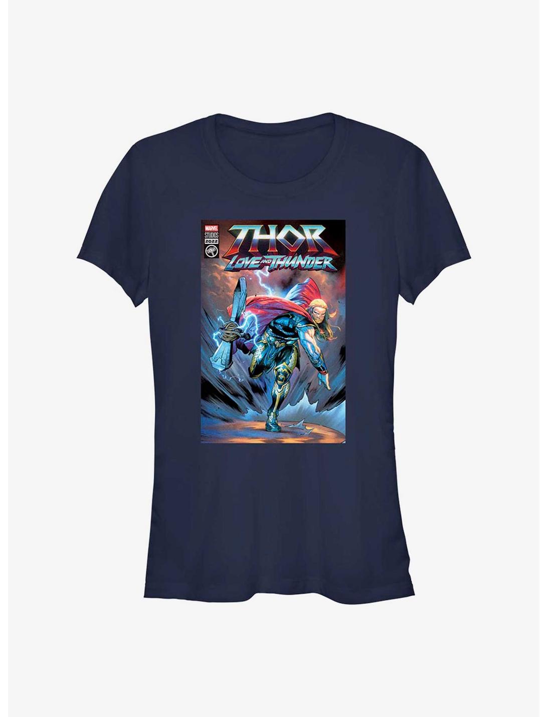 Marvel Thor: Love and Thunder Hammer Throw Comic Cover Girls T-Shirt, NAVY, hi-res