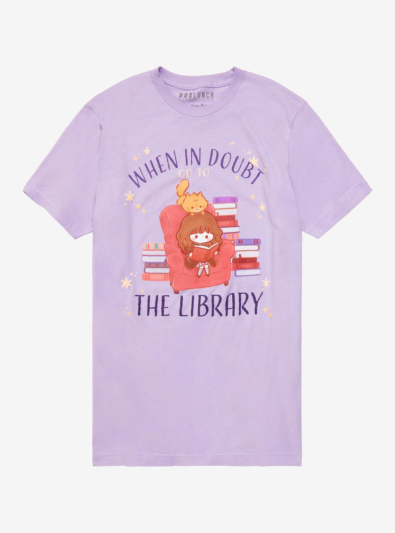 Harry Potter Chibi Hermione & Crookshanks Library Women&rsquo;s T-Shirt - BoxLunch Exclusive , LAVENDER, hi-res