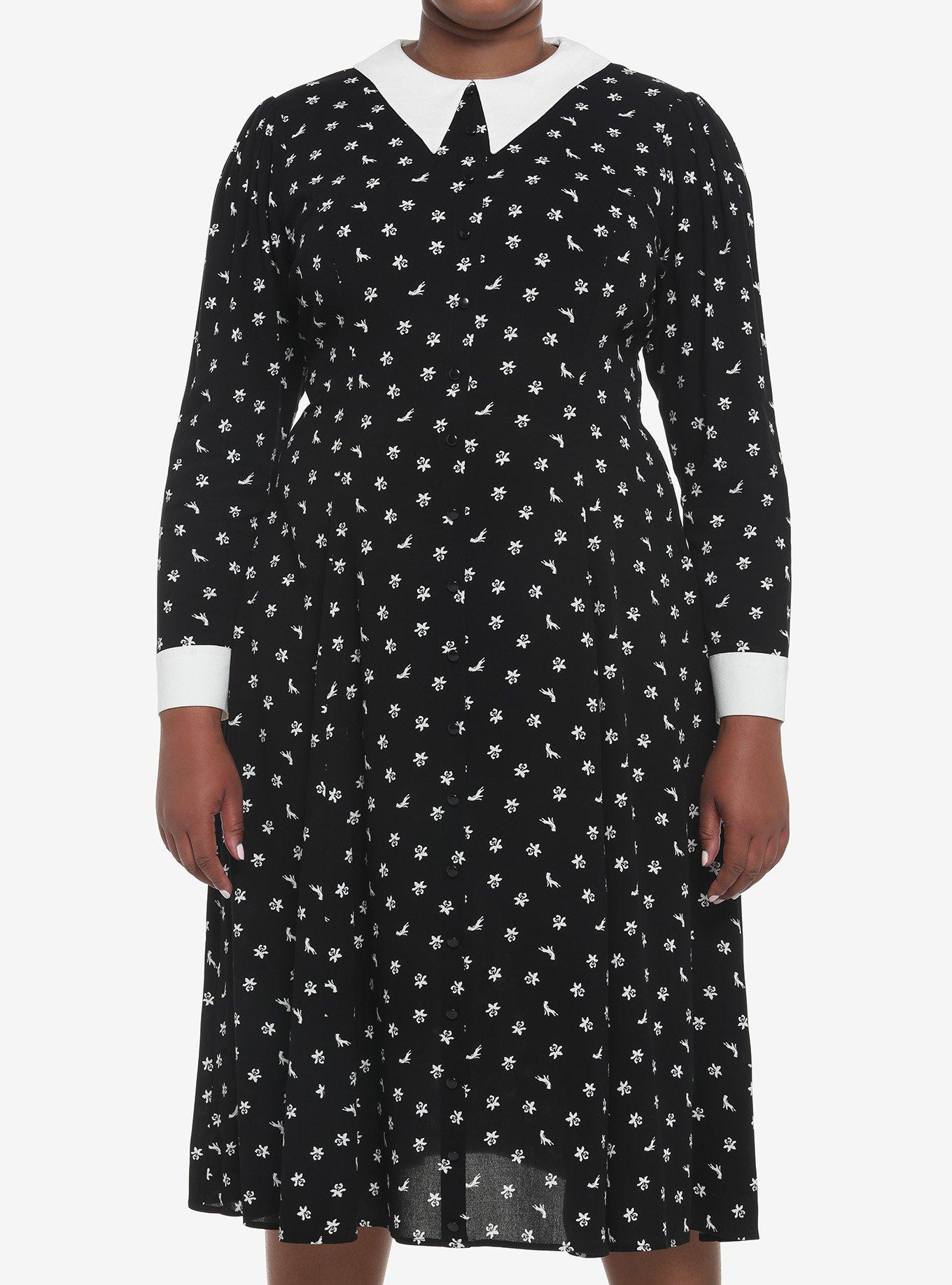 Wednesday Icons Collar Long-Sleeve Dress Plus Size, POLKA DOT-BLACK, hi-res