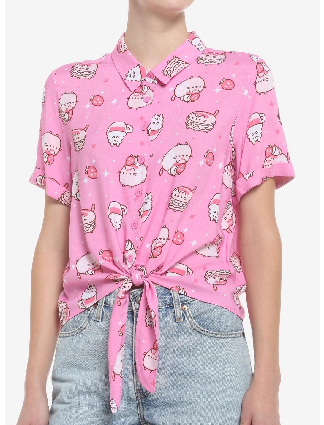 Pusheen Pink Sweets Tie-Front Girls Woven Button-Up, MULTI, hi-res