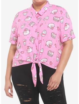 Pusheen Pink Sweets Tie-Front Girls Woven Button-Up Plus Size, , hi-res
