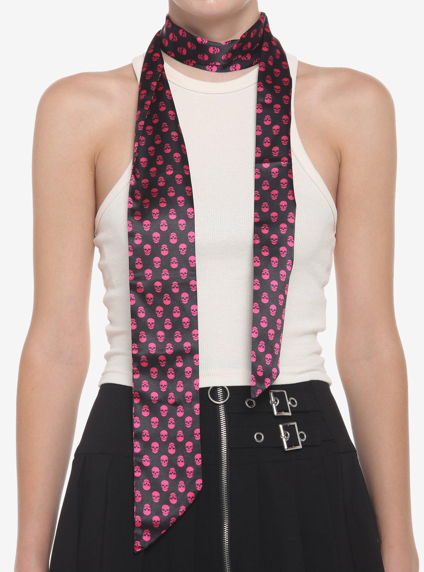 Pink Skull Black Satin Skinny Scarf, , hi-res