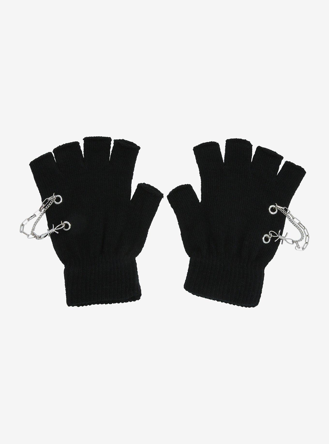 Black Barbed Wire Chain Fingerless Gloves, , hi-res