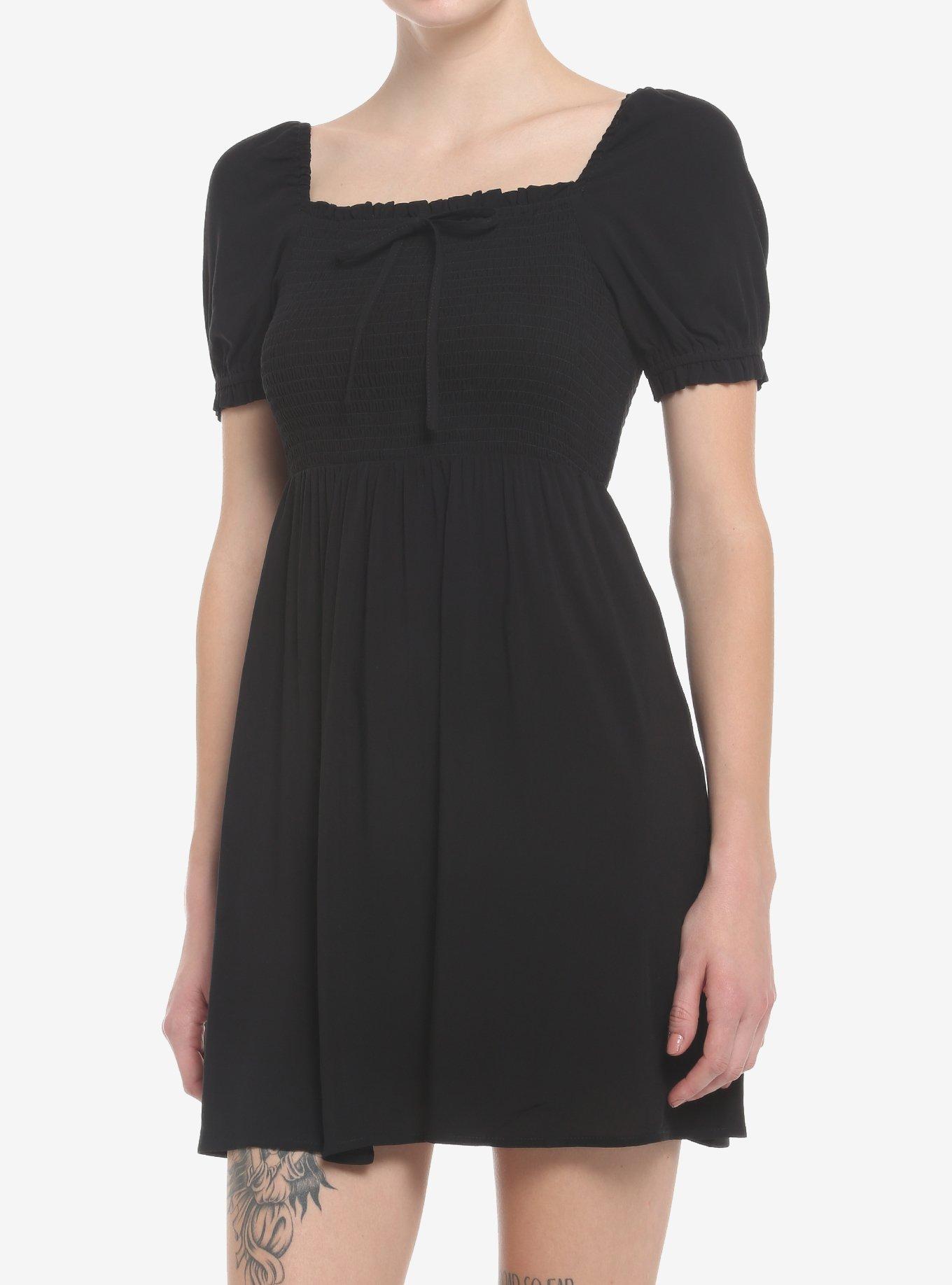 Black Smocked Mini Dress, DEEP BLACK, hi-res