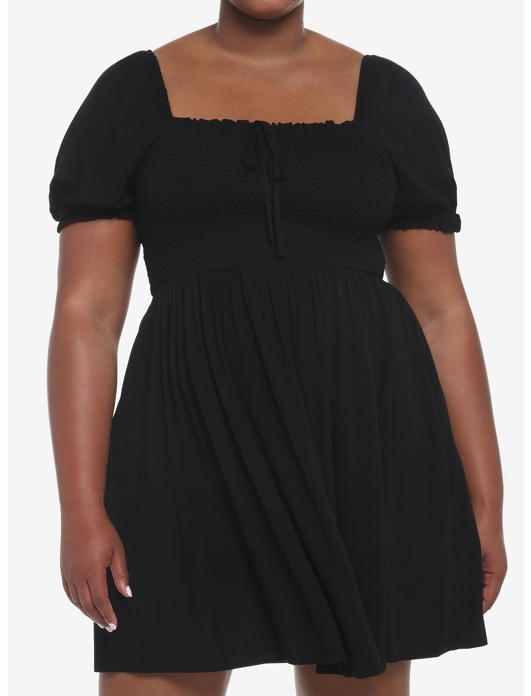 Black Smocked Mini Dress Plus Size, DEEP BLACK, hi-res