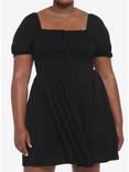 Black Smocked Mini Dress Plus Size, DEEP BLACK, hi-res