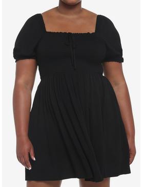 Black Smocked Mini Dress Plus Size, , hi-res
