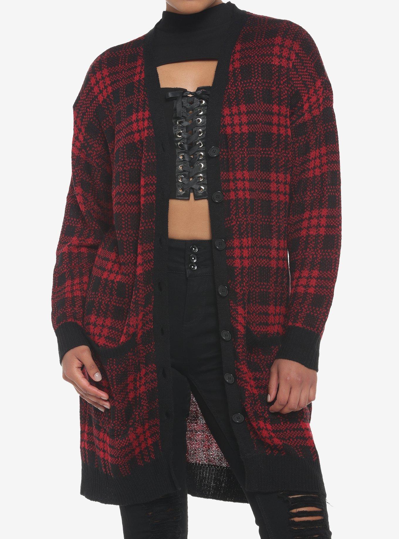 Red & Black Plaid Oversized Cardigan, PLAID - RED, hi-res