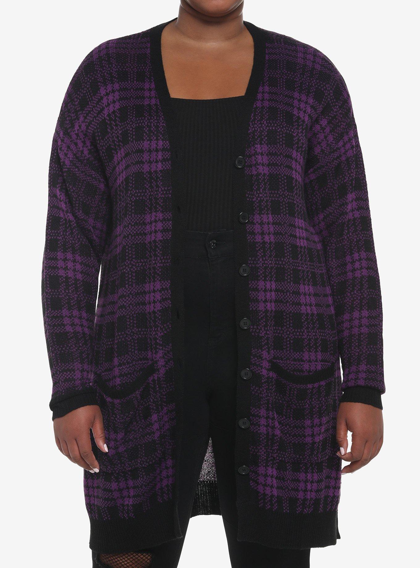Purple & Black Plaid Oversized Cardigan Plus Size, MULTI, hi-res