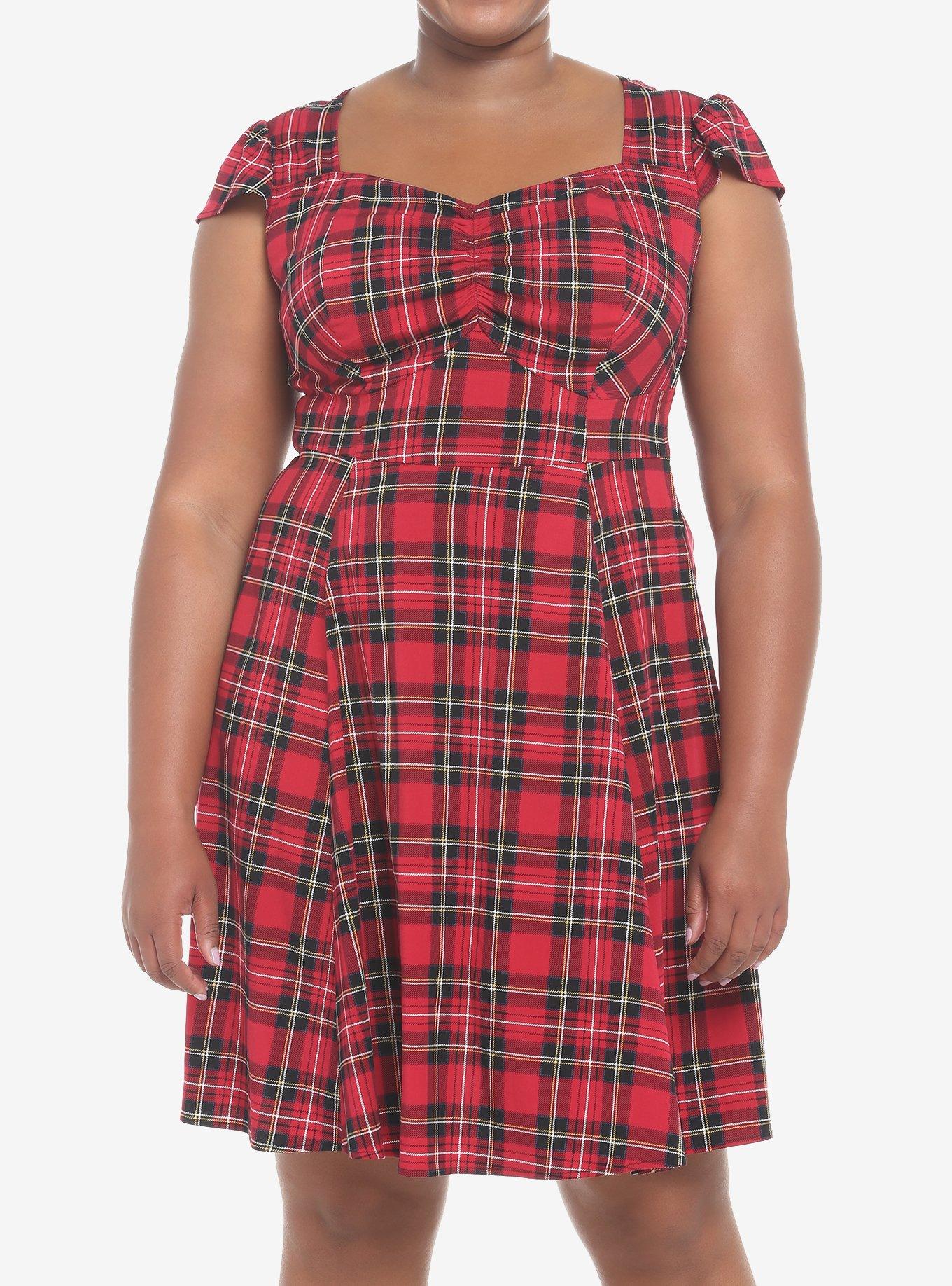 plus size red plaid dress Plus Size Red Tartan Plaid Long Sleeve Shift Dress w/Pockets Red / 2X / 75%Polyester+25%Cotton
