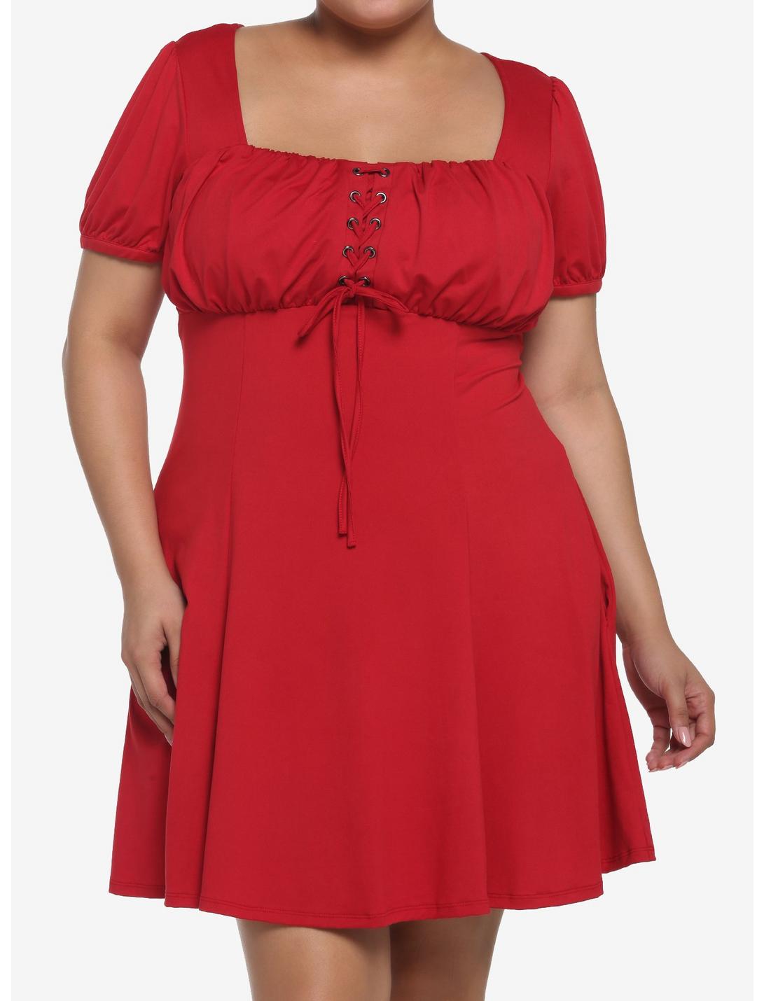 Red Empire Waist Dress Plus Size, RED, hi-res