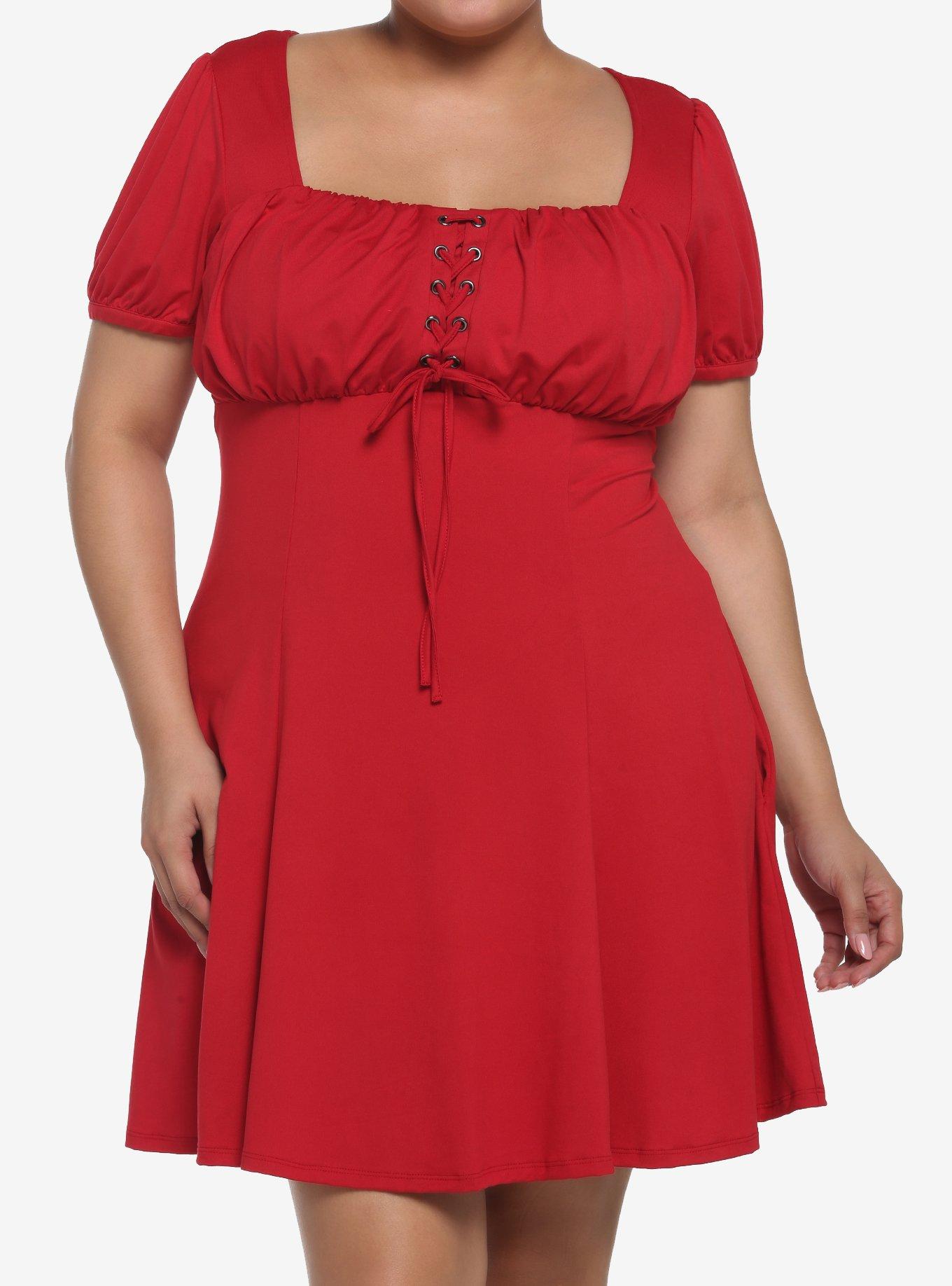 Red Empire Waist Dress Plus Size, RED, hi-res