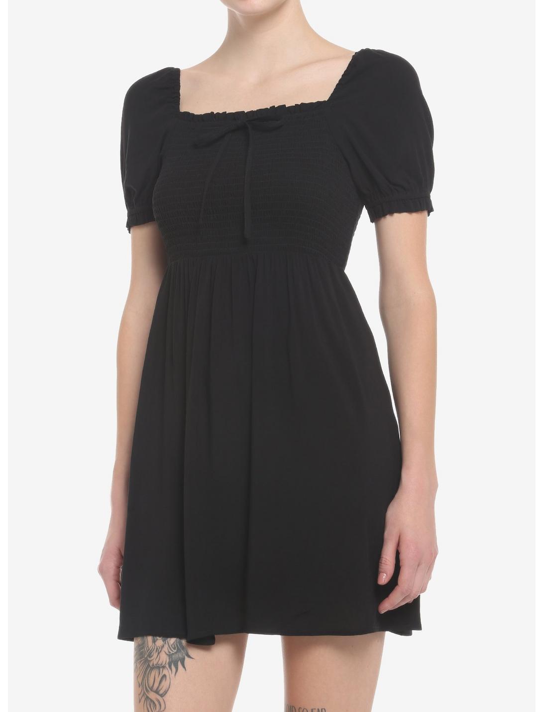 Black Smocked Mini Dress, BLACK, hi-res