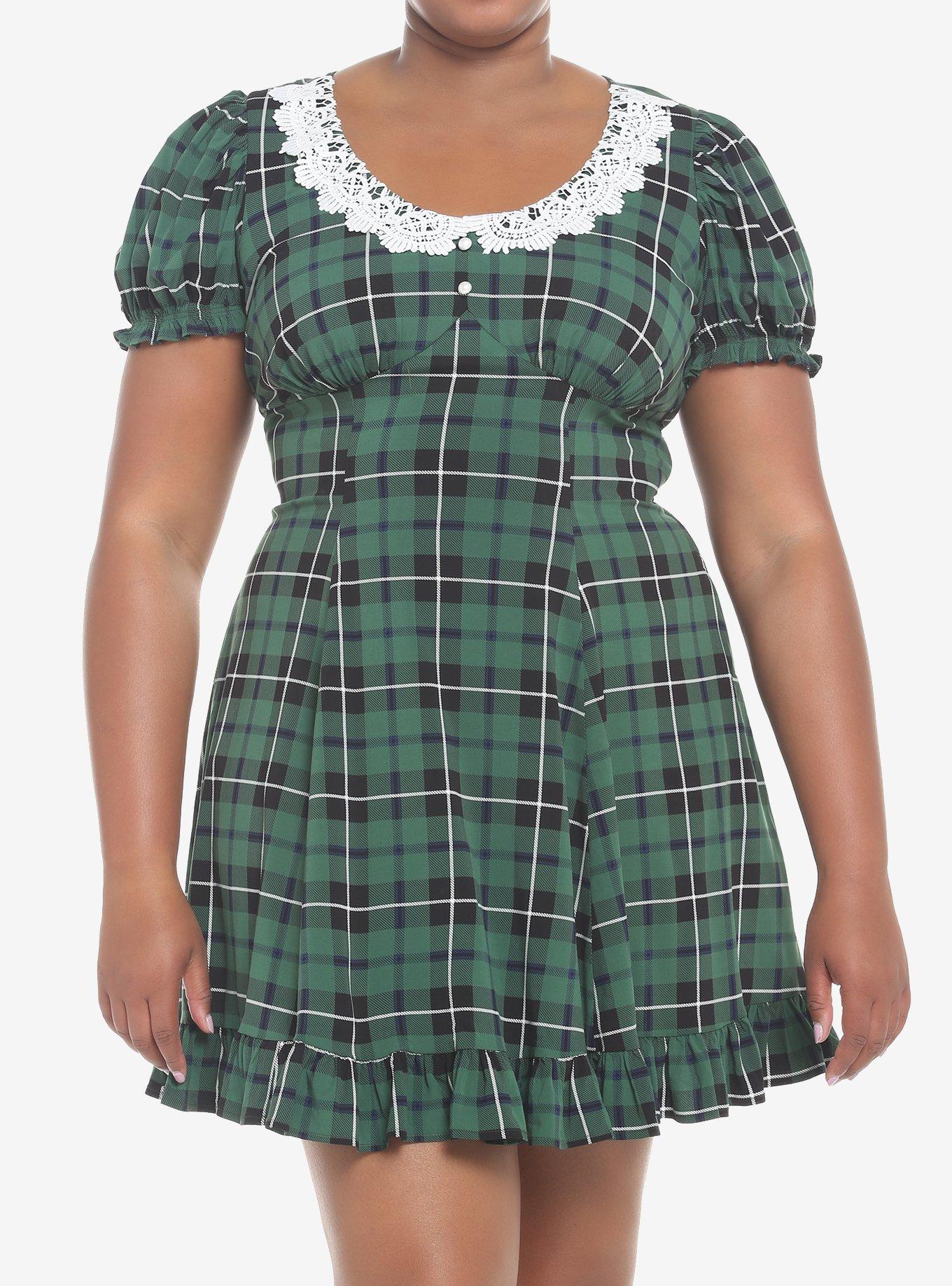 Green Plaid Lace Collar Mini Dress Plus Size, PLAID - GREEN, hi-res