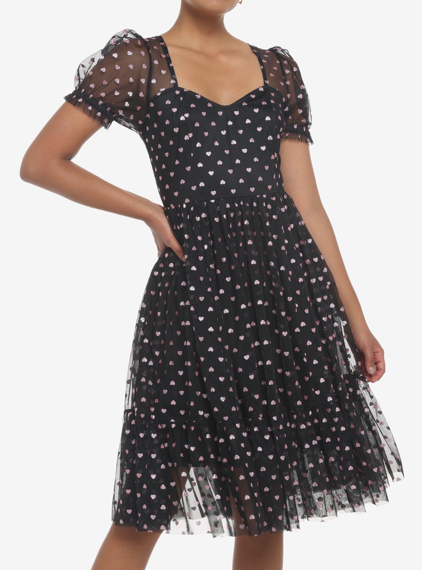 Pink Hearts Glitter Mesh Dress, BLACK, hi-res