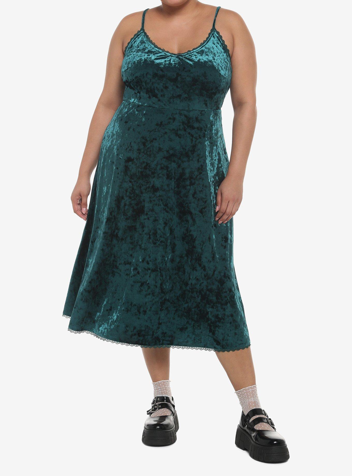 Green Velvet Midi Slip Dress Plus Size, FOREST GREEN, hi-res