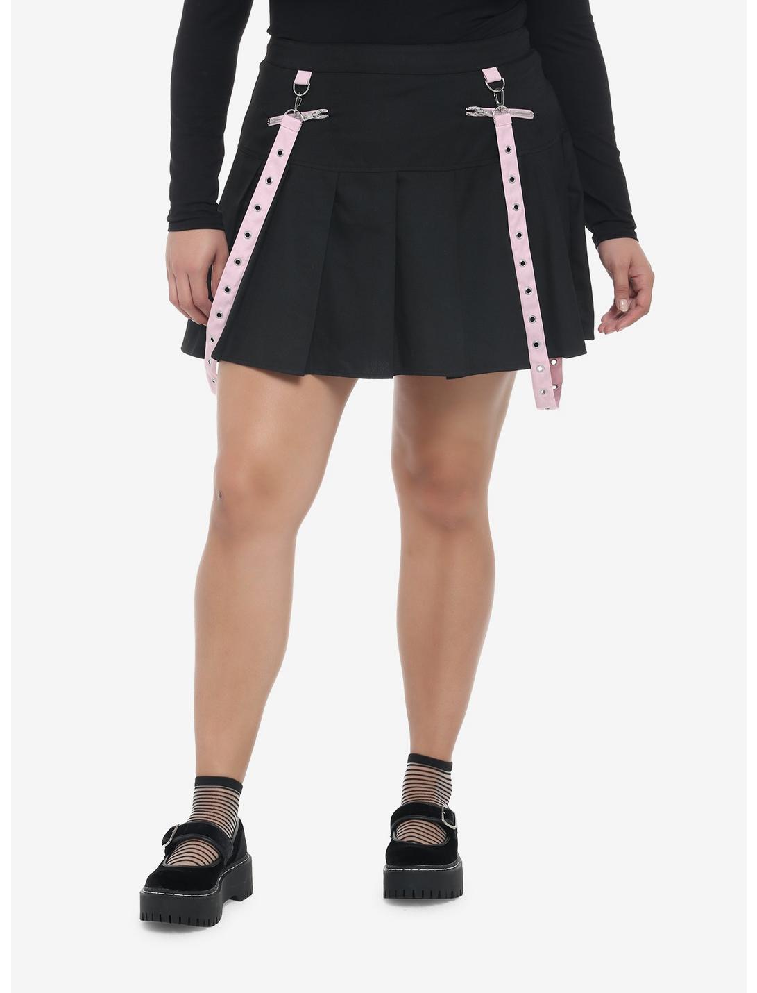 Pink Grommet Suspender Pleated Skirt Plus Size, BLACK, hi-res