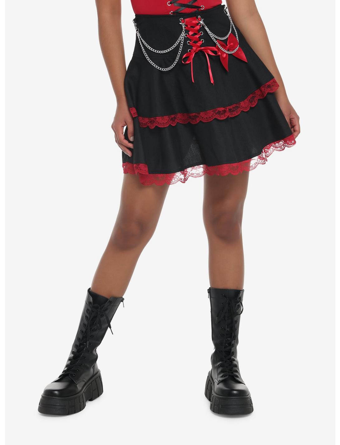 Red & Black Lace Chain Ribbon Tiered Skirt, BLACK, hi-res