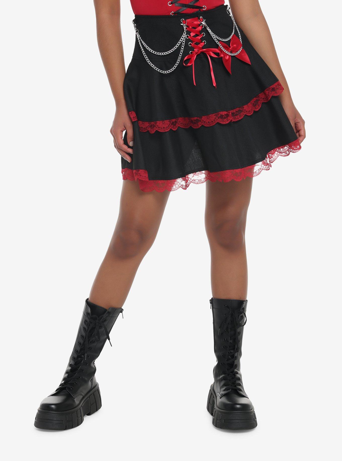 Red & Black Lace Chain Ribbon Tiered Skirt, BLACK, hi-res