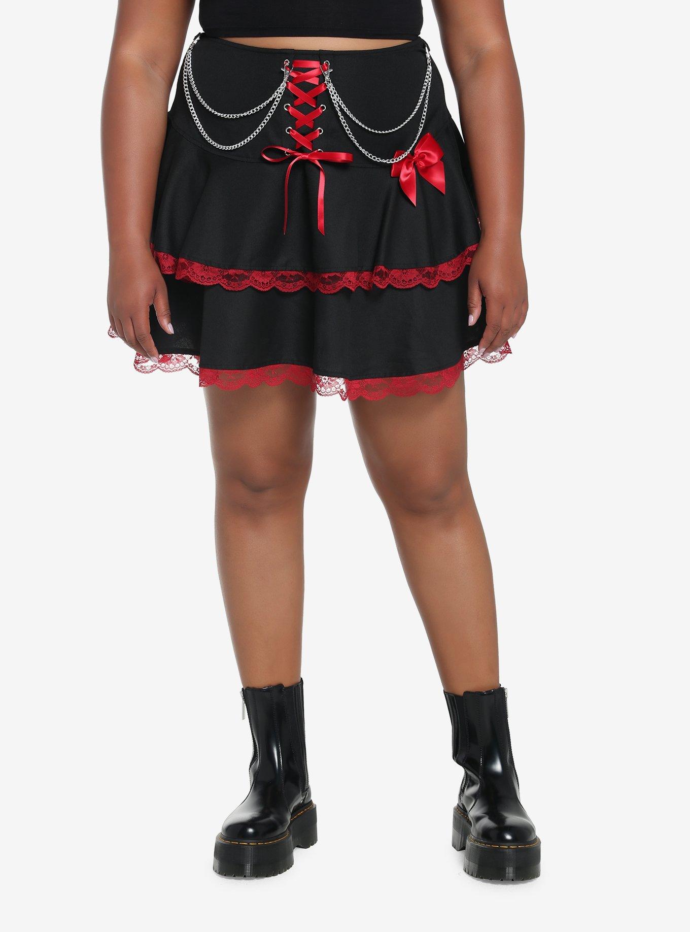 Red & Black Lace Chain Ribbon Tiered Skirt Plus Size, BLACK, hi-res