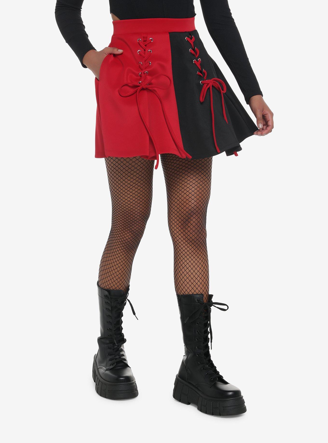 Red & Black Split Lace-Up Skirt