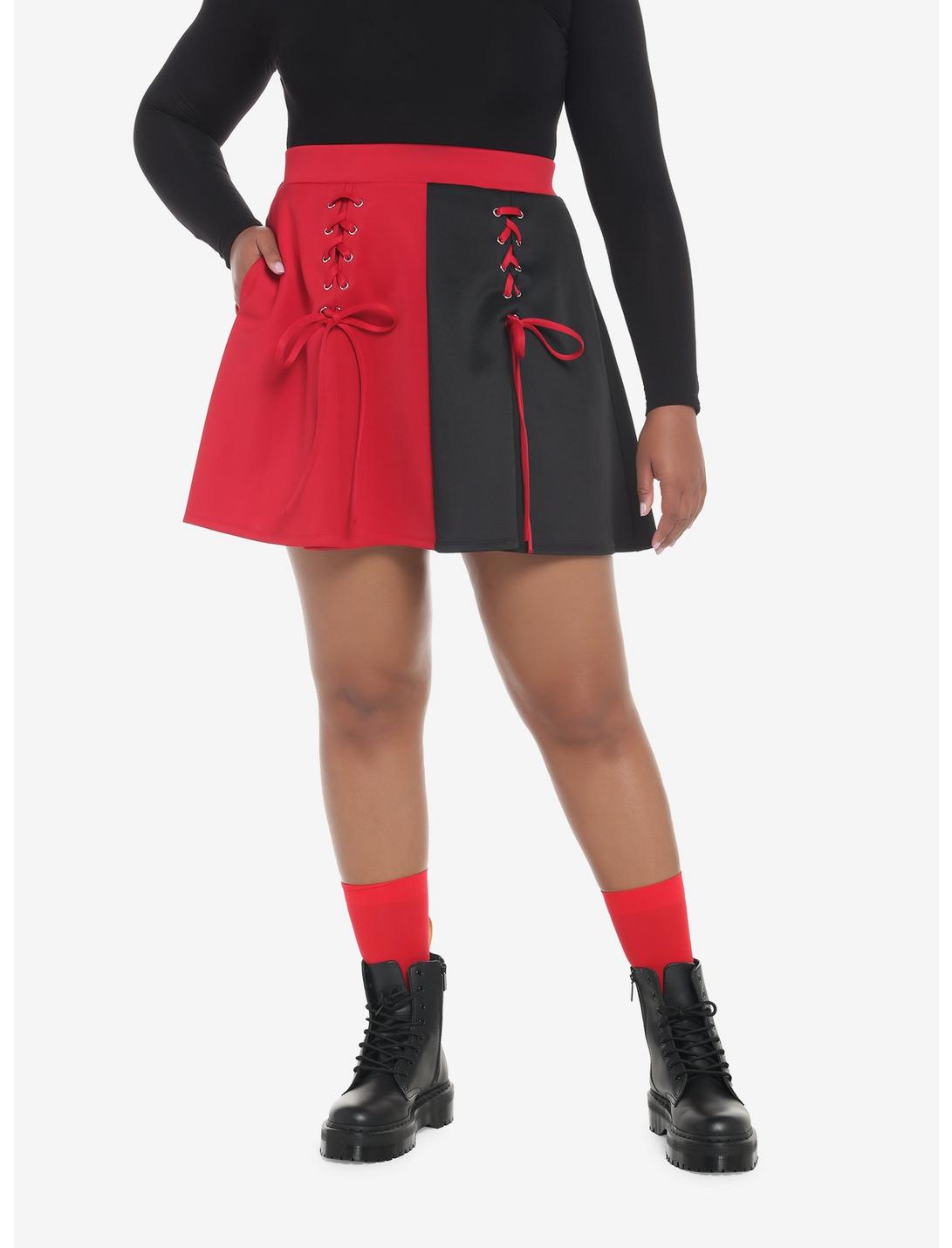Red & Black Split Lace-Up Skirt Plus Size, RED, hi-res