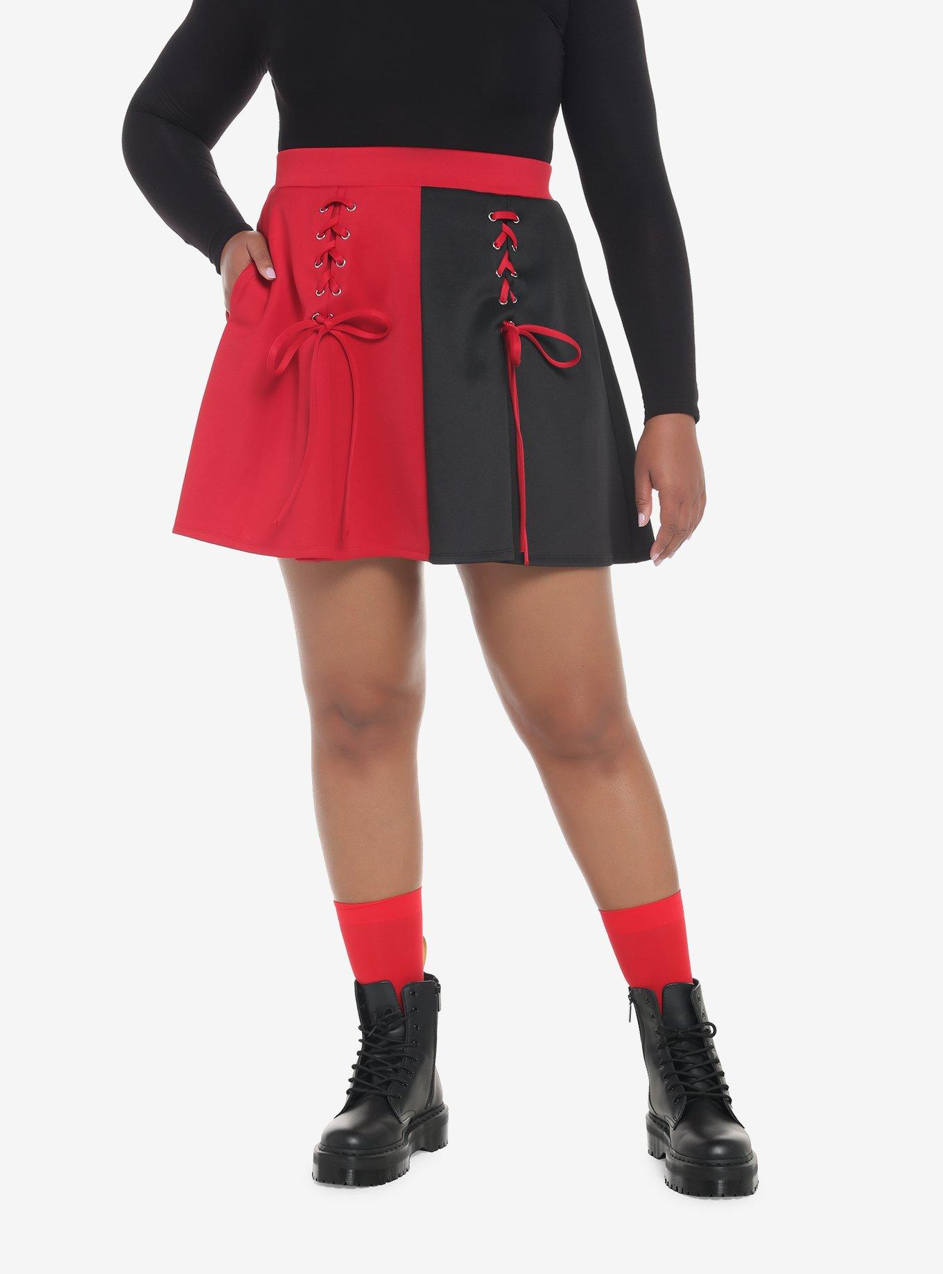 Red & Black Split Lace-Up Skirt Plus Size, RED, hi-res