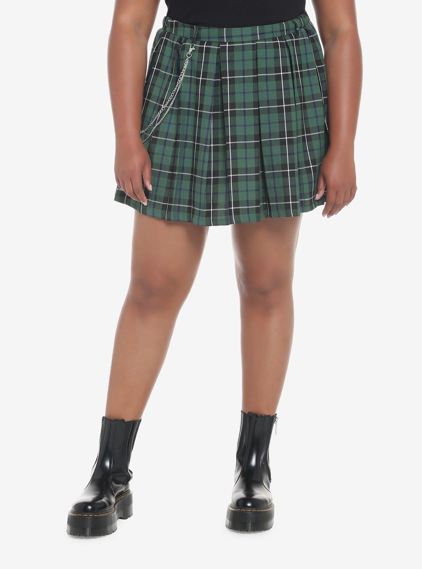 Green Plaid Chain Mini Skirt Plus Size, PLAID - GREEN, hi-res